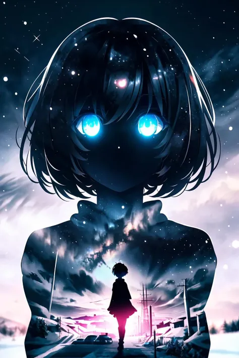 masterpiece, best quality, (silhouette:1.3), short hair, glowing eyes, beautiful eyes, star (sky), pov, snow, <lora:silhouette-000012:0.8>