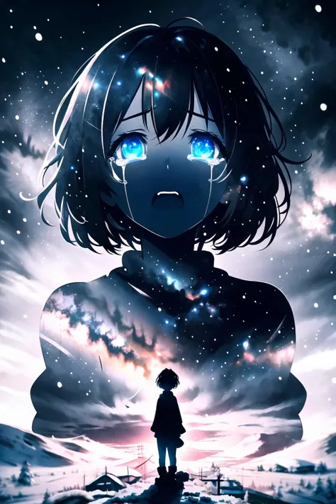 masterpiece, best quality, (silhouette:1.3), short hair, glowing eyes, beautiful eyes, star (sky), pov, tears, snow, <lora:silhouette-000012:0.8>