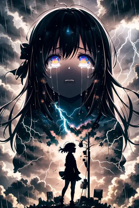 masterpiece, best quality, 1girl, solo, (silhouette:1.3), glowing eyes, tears, rain, lightning, star (sky) <lora:silhouette-000012:0.7>