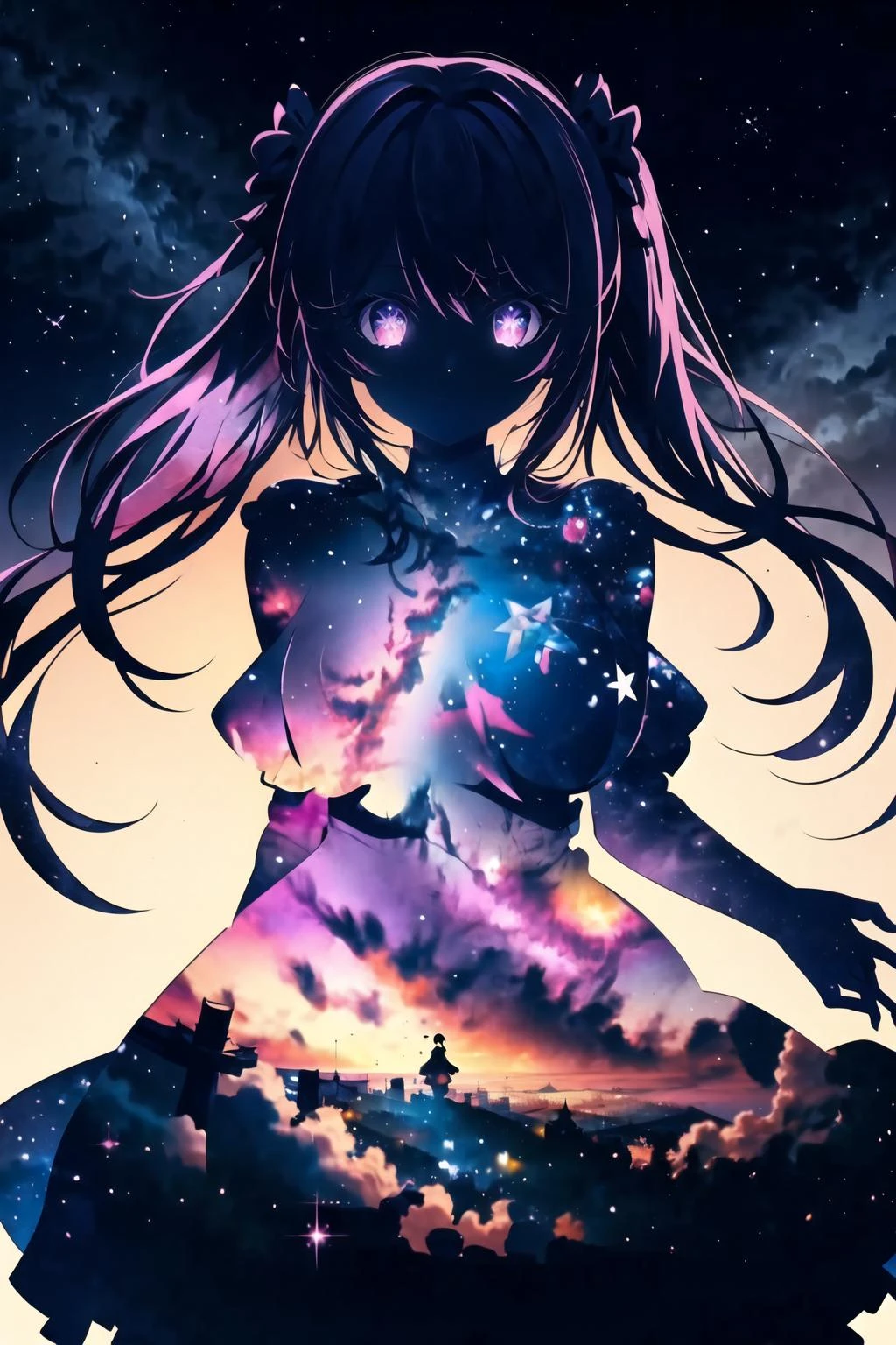 masterpiece, best quality, hoshinoai, purple eyes, (silhouette:1.3), big breasts, star (sky), dress <lora:silhouette-000012:0.8> <lora:HoshinoAi_v9-000007:0.8>