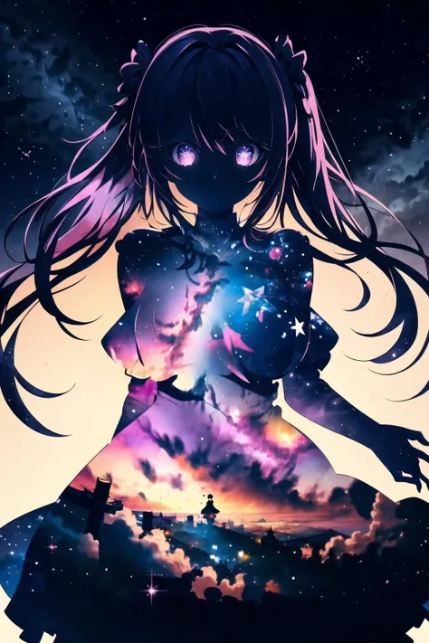 masterpiece, best quality, hoshinoai, purple eyes, (silhouette:1.3), big breasts, star (sky), dress <lora:silhouette-000012:0.8>   <lora:HoshinoAi_v9-000007:0.8>