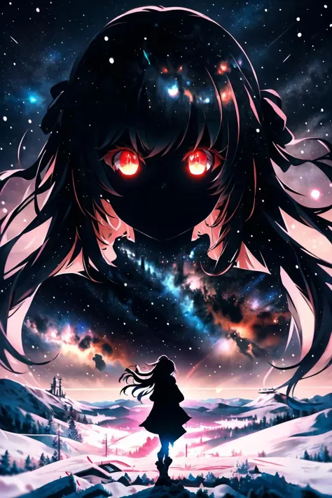 masterpiece, best quality, (silhouette:1.3), long hair, glowing eyes, red eyes, star (sky), pov, snow, <lora:silhouette-000012:0.8>