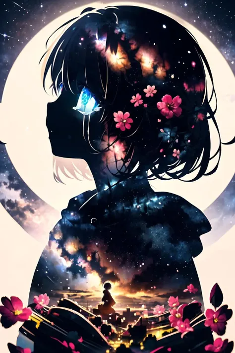 masterpiece, best quality, (silhouette:1.3), short hair, glowing eyes, beautiful eyes, star (sky), profile, flower, tears, <lora:silhouette-000012:0.8>