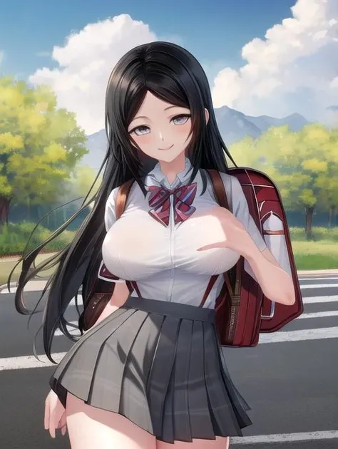 best quality, masterpiece, highres, detailed, perfect anatomy, <lora:Detail - add_detail:0.2>, <lora:Lauren_OiaL:0.9>, Lauren_OiaL, long hair, grey eyes, black hair, student uniform, large breasts, smile, cowboy shot, outdoors, backpack,