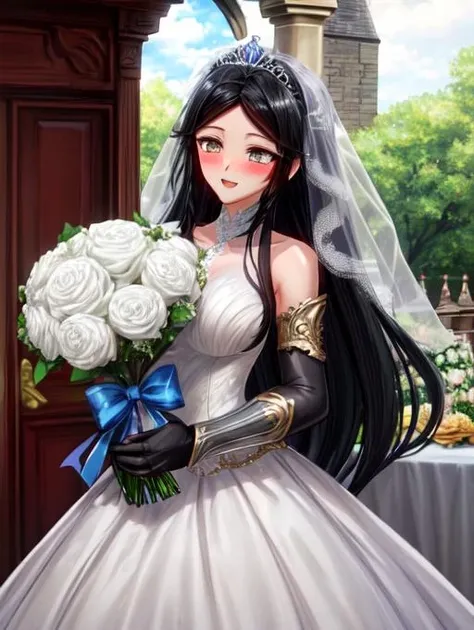 best quality, masterpiece, highres, detailed, perfect anatomy, <lora:Detail - add_detail:0.2>, <lora:Lauren_OiaL:0.9>, Lauren_OiaL, long hair, grey eyes, black hair, wedding dress, tiara, wedding veil, wedding gauntlets, holding flowers, happy, blush, outdoors,