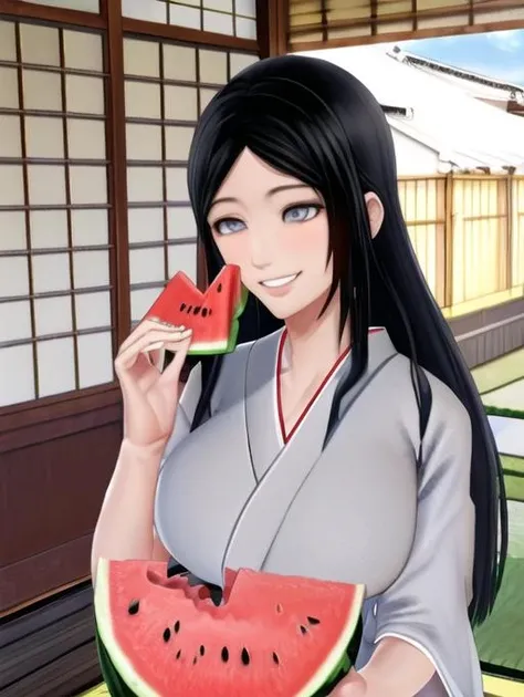 best quality, masterpiece, highres, detailed, perfect anatomy, <lora:Detail - more_details:0.2>, Lauren_OiaL, black hair, long hair, medium breasts, grey eyes, <lora:Lauren_OiaL-10:0.8>, EatingWM, holding watermelon, <lyco:Action - EatingWM:0.8>, porch, japanese, smile,