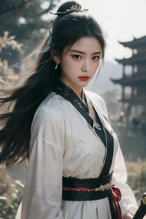(dramatic, gritty, intense:1.4), masterpiece, best quality, 8k, insane details, intricate details, hyperdetailed, hyper quality, high detail, ultra detailed, Masterpiece, 1girl, solo, hanfu, dress, red ribbon, jewelry, wind, long sleeves, long hair, hair ornament, tassel, holding weapon, sword, looking at viewer, realistic, bamboo grove, Chinese architecture, <lora:swordsman_20230822184207:0.8>