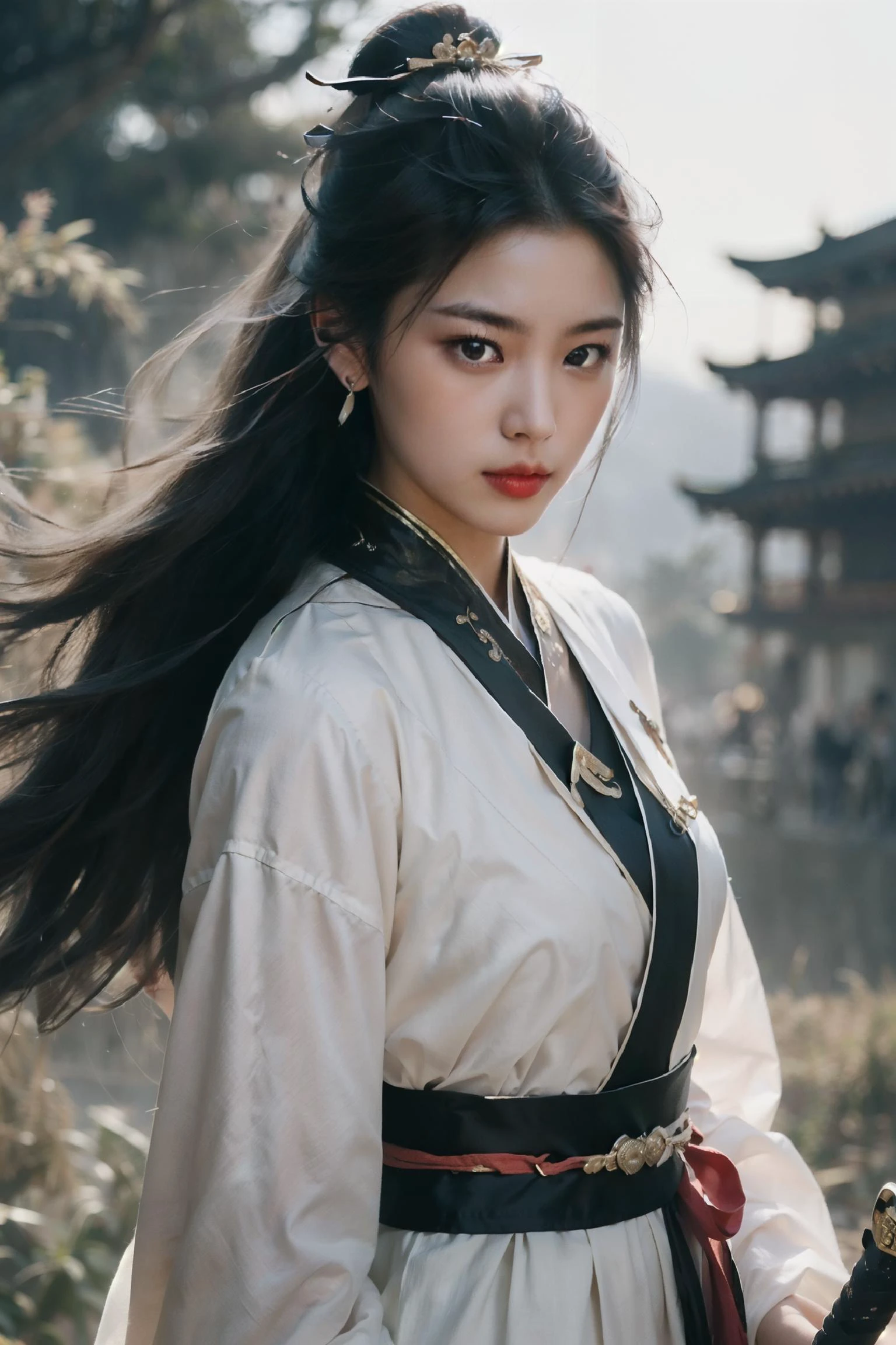 (dramatic, gritty, intense:1.4), masterpiece, best quality, 8k, insane details, intricate details, hyperdetailed, hyper quality, high detail, ultra detailed, Masterpiece, 1girl, solo, hanfu, dress, red ribbon, jewelry, wind, long sleeves, long hair, hair ornament, tassel, holding weapon, sword, looking at viewer, realistic, bamboo grove, Chinese architecture, <lora:swordsman_20230822184207:0.8>