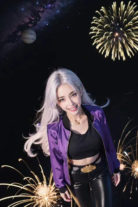 space, outer space, moon, (planets:1.3), nighttime, volumetric lighting, dark theme, fireworks, ((explosions:1.3)), (flames:1.3), (from above:1.4), looking at viewer, fire in the sky, flames in the sky, jumping, arms extended, 1girl, (mature female, :1.4), purple eyes, (white hair:1.3), (hair over one eye:1.4), (mechanical arms:1.3), (long hair:1.3), smiling, smile, open mouth, teeth, ((purple crop jacket, black top, black pants, gold belt)), <lora:GoodHands-vanilla:1.2>