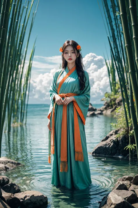 full body (red 1 girl), (Chinese style Hanfu Lotus Pool), figure close-up, figure watercolor illustration, digital Impressian-colored, bright , dynamic Angle, medium depth of field, (green and orange cloud sea:1.4), exquisite hand painting, red and green long hair, elegant, breeze, white gauze, water light, high purity, bubble, bubble, splash, red and green cloud sea, cyan, orange, water color light, cyan eyes, messy, complex background, flow, layers, magnificent mystery, night, dark green, melancholy, light orange, rose red, light green, green blue, light blue, Dream, fairy, fog, water blue, night, bamboo forest, masterpiece, best quality, (flower_style:1.5)