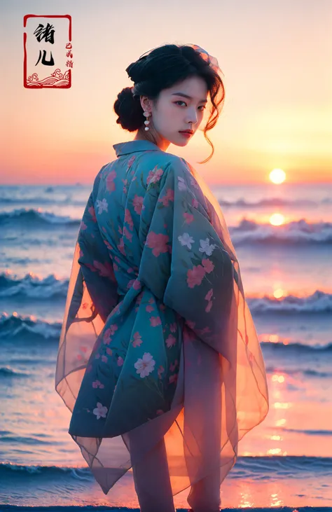 masterpiece, best quality, 32k uhd, insane details, intricate details, hyperdetailed, hyper quality, high detail, ultra detailed, Masterpiece,
The fleeting beauty of a sunset, day giving way to night, studio light , Harper's Bazaar , Kodak Portra 400 , Halftone print , Chemigram , (Portrait shot with peach and cyan lighting Paul Zizka:1.3), Xu Beihong, Bertil Nilsson, blury background, depth of field,
Phantom light,(backlighting:1.3),floral print, sunset, sky, ocean,
1girl, solo, earrings, jewelry, lips, dlosed mouth, blue eyes, (full body:1.4), (long legs:1.3), (Milky skin, shiny skin:1.3)
own hands together,  veil, power lines,
<lora:~Q?-hCRQI_qPhantom light:0.95>