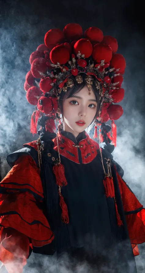 (masterpiece:1.4, best quality),(intricate details),unity 8k wallpaper,frightened,horror,evil spirits,sinophobia,ultra detailed,cool tone,night,1girl,solo,<lora:add_detail:0.65>,<lora:中国戏曲:CNoperaCostume,CNoperaFlag,CNoperaHeaddress,:0.8>,CNoperaCostume,<lora:中式恐怖提示词:horror,dark theme,monster boy,monster girl,sytx,yinjian:0.6>,dark theme,sytx,yinjian,red lantern,chinese zombie,death,calamity,dise,the pale face,expressionless,blank stare,large breasts,upper body,, masterpiece, best quality,