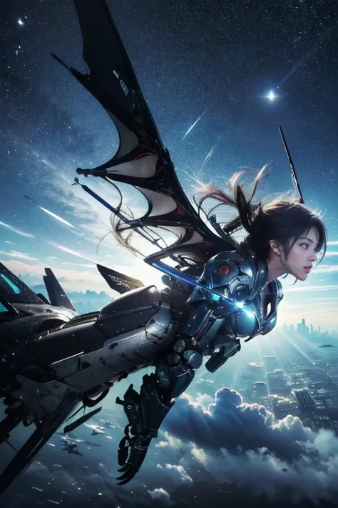 (masterpiece, top quality, best quality, official art, beautiful and aesthetic:), futuristic city, armor, (A girl is flying in the sky:1.4), wind, storm, intricate, elegant, highly detailed, smooth, sharp focus, Dragon ear, backlighting, 8k, big mecha monster in background, night, (dark environment), <lora:dragon ear_20230623155318:0.8>, <lora:DarkIncursioStyle:0.7>