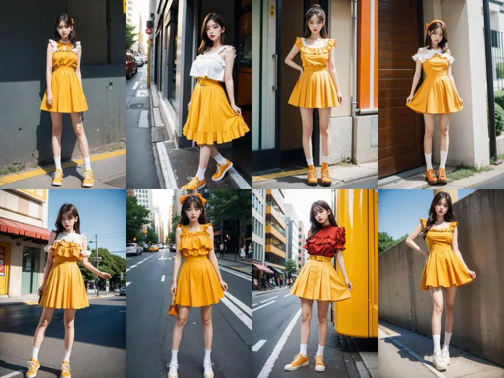 1girl,full-body,(D|large breasts:1.21),summer dress,brown eyes,flip ped hair,(long legs:1.4),pout,red waist band,yellow songmo,orange with whit echestpo skirt,frilled socks,spiked shoes,