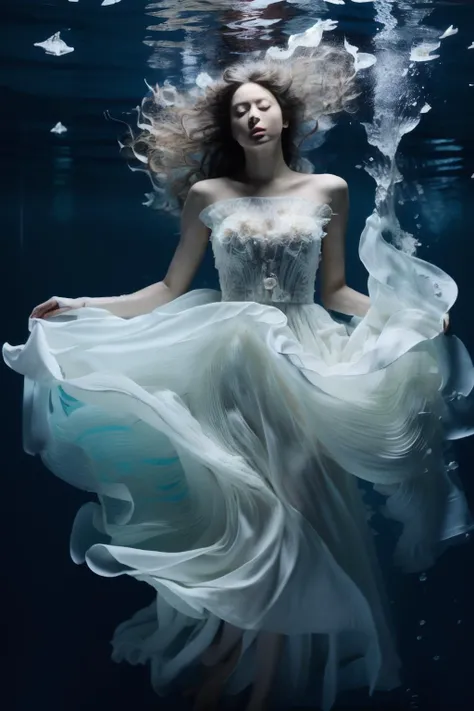 (dramatic, gritty, intense:1.4), masterpiece, best quality, 8k, insane details, intricate details, hyperdetailed, hyper quality, high detail, ultra detailed, Masterpiece, 1girl, solo, underwater, bubble, air bubble, jewelry, bare shoulders, skirt hold, wet clothes, white dress, earrings, makeup, long dress, (full body:1.0), barefoot, puffy sleeves, float, (long hair, white hair:1.4), blue theme, realistic, Black background, Water as smooth as a mirror, beautiful detailed water, reflection pool, dynamic angle, floating, (Real water, Realistic water, flowing water:1.5), ripples, <lora:Mecha_20230825035035:1>