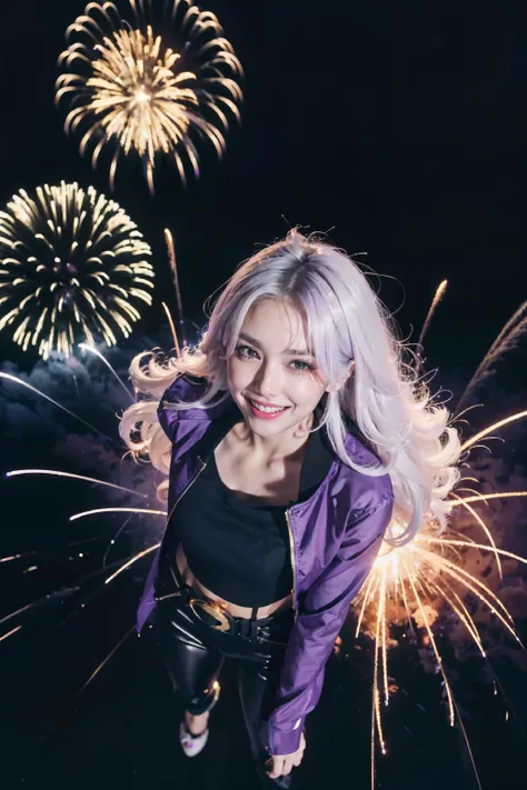 space, outer space, moon, (planets:1.3), nighttime, volumetric lighting, dark theme, fireworks, ((explosions:1.3)), (flames:1.3), (from above:1.4), looking at viewer, fire in the sky, flames in the sky, jumping, arms extended, 1girl, (mature female, :1.4), purple eyes, (white hair:1.3), (hair over one eye:1.4), (mechanical arms:1.3), (long hair:1.3), smiling, smile, open mouth, teeth, ((purple crop jacket, black top, black pants, gold belt))