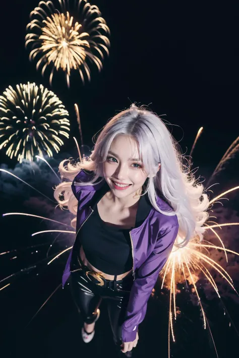 space, outer space, moon, (planets:1.3), nighttime, volumetric lighting, dark theme, fireworks, ((explosions:1.3)), (flames:1.3), (from above:1.4), looking at viewer, fire in the sky, flames in the sky, jumping, arms extended, 1girl, (mature female, :1.4), purple eyes, (white hair:1.3), (hair over one eye:1.4), (mechanical arms:1.3), (long hair:1.3), smiling, smile, open mouth, teeth, ((purple crop jacket, black top, black pants, gold belt)), <lora:GoodHands-vanilla:1.2>