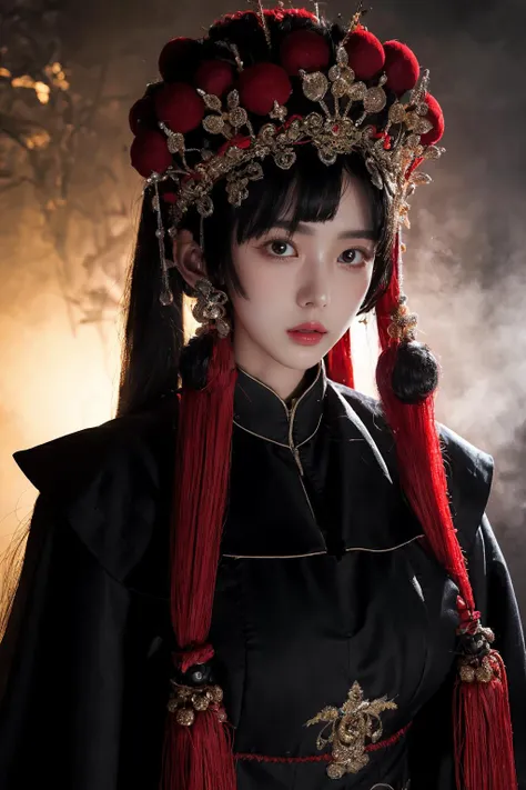(masterpiece:1.4, best quality),(intricate details),unity 8k wallpaper,frightened,horror,evil spirits,sinophobia,ultra detailed,cool tone,night,1girl,solo,<lora:add_detail:0.65>,<lora:中国戏曲:CNoperaCostume,CNoperaFlag,CNoperaHeaddress,:0.6>,CNoperaCostume,<lora:中式恐怖提示词:horror,dark theme,monster boy,monster girl,sytx,yinjian:0.6>,sytx,yinjian,the pale face,expressionless,blank stare,large breasts,upper body,face close-up,, masterpiece, best quality,