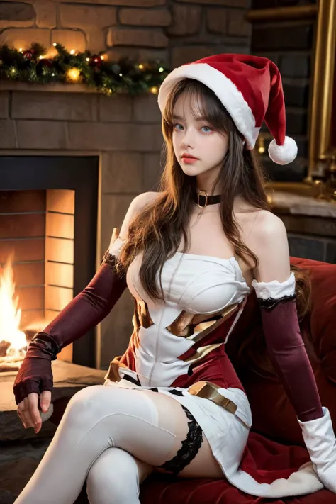 (masterpiece, top quality, best quality, official art, beautiful and aesthetic:1.2), (1 girl), violet eyes, violet curled hairdo, sitting, from below, crossed legs, panty, Wholesome and red warm Santa outfit, Santa hat, Christmas choker, fire place, night, holy night (fractal art:1.2), cowboy shot, European town, <lora:CyberBeautyV30:0.8>, <lora:add_detail:1>, <lyco:xenosaga_kos-mos-10:1>,kos-mos, expressionless, closed mouth, android, forehead protector, leotard, thighhighs, elbow gloves, bare shoulders