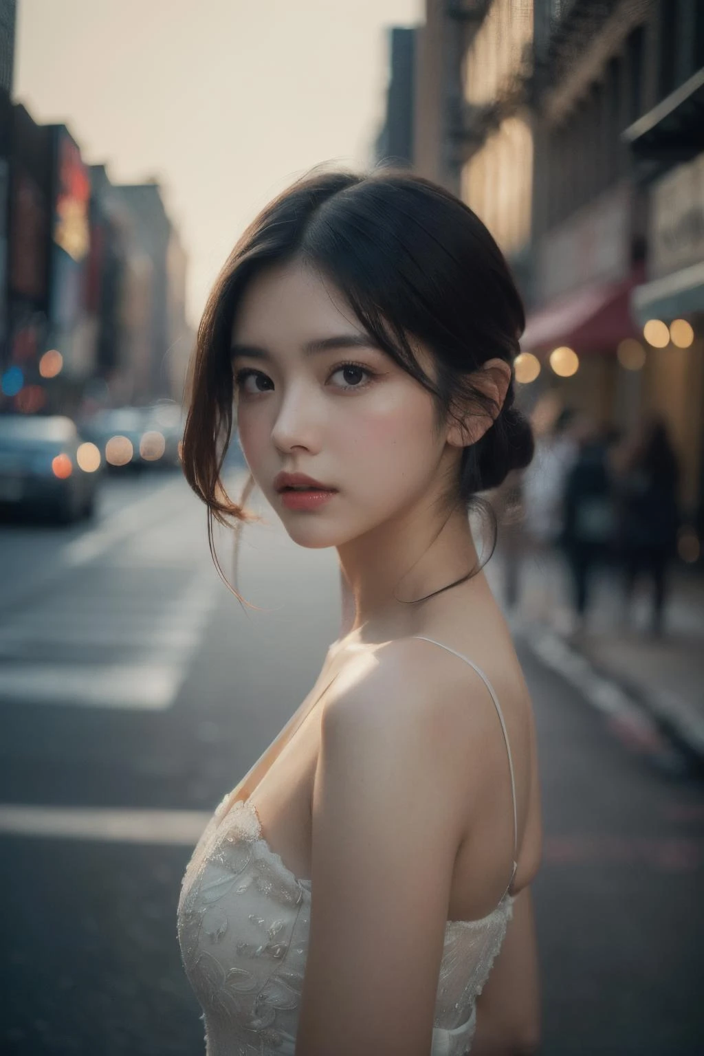 1girl, (looking at viewer:1.2), detail face, (a girl standing, rending on cgsociety, black shadows, streaming, new york backdrop), romanticism, atmospheric, (RAW photo, best quality), (realistic, photo-realistic:1.3), masterpiece, an extremely delicate and beautiful, extremely detailed,