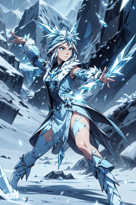 1girl, solo, <lora:Ice_Cicin:0.5> Ice_Cicin, outdoors, <lora:add_detail:0.7>, <lora:Concept - Cryomancer:0.3>, ice-flurry, snow, ice-shard, ice, crystal, magic, cryokinesis, dynamic pose, fighting stance, casting spell