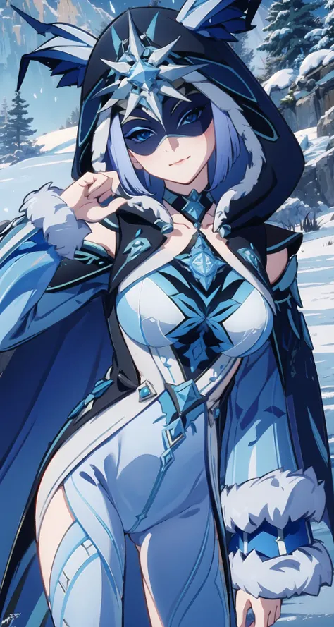((masterpiece,best quality)), absurdres, <lora:Ice_Cicin:0.7>, Ice_Cicin, solo, evil smile, eye mask, detailed hood, cowboy shot, snow and icy forest in background, cinematic composition, dynamic pose,