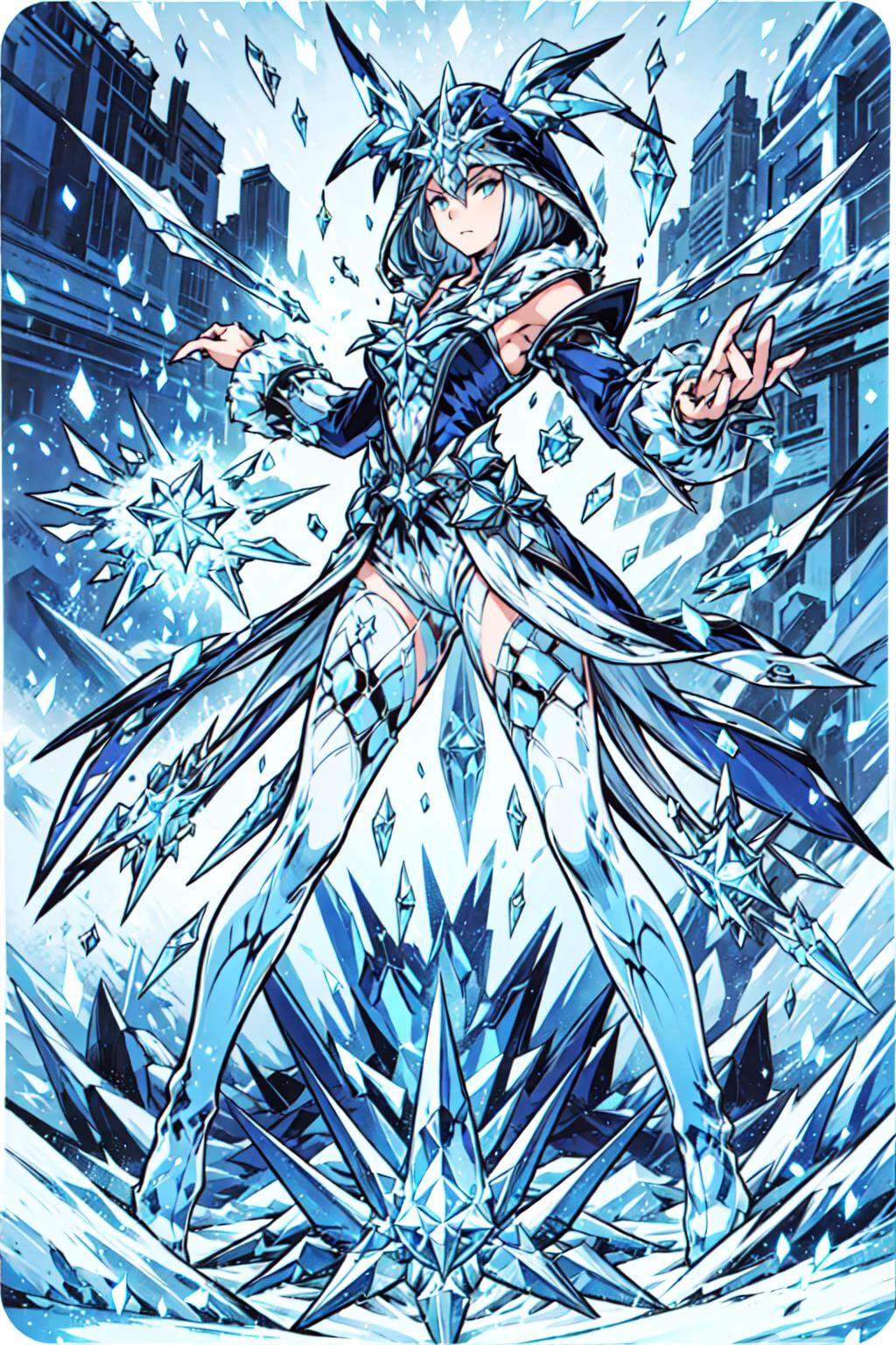 1girl, solo, <lora:Ice_Cicin:0.7> Ice_Cicin, <lora:add_detail:0.7>, <lora:Concept - Cryomancer:0.5> ice-flurry, snow, ice-shard, ice, crystal,magic, cryokinesis, dynamic pose, fighting stance, casting spell, <lora:tachi-e:1> white background, full body