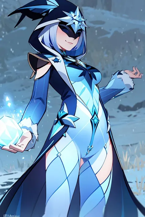 ((masterpiece,best quality)), absurdres,
<lora:Ice_Cicin:0.7>, Ice_Cicin, solo, evil smile, ice magic, eye mask, detailed hood, cowboy shot,
snow and icy magic in background, cinematic composition, dynamic pose,
<lora:Mirael_AFK:0.5>, Mirael_AFK, ice and magic