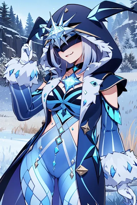 ((masterpiece,best quality)), absurdres, <lora:fire_lit_DC_v1:0.3>, white and blue fireball, magic,
<lora:Ice_Cicin:0.7>, Ice_Cicin, solo, evil smile, ice magic, eye mask, detailed hood, cowboy shot,
snow and icy forest in background, cinematic composition, dynamic pose,