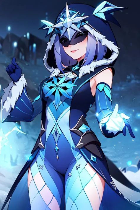 ((masterpiece,best quality)), absurdres, 
<lora:Ice_Cicin:0.7>, Ice_Cicin, solo, evil smile, ice magic, eye mask, detailed hood, cowboy shot, 
snow and icy magic in background, cinematic composition, dynamic pose, 
<lora:Mirael_AFK:0.5>, Mirael_AFK, ice and magic