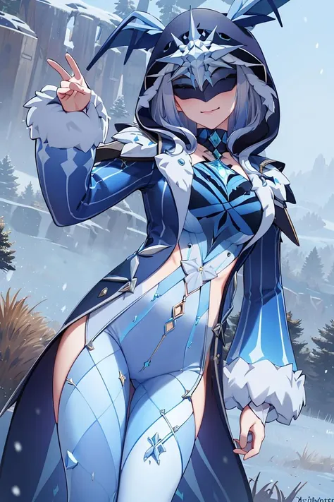 ((masterpiece,best quality)), absurdres,
<lora:Ice_Cicin:0.7>, Ice_Cicin, solo, evil smile, eye mask, detailed hood, cowboy shot,
snow and icy forest in background, cinematic composition, dynamic pose,