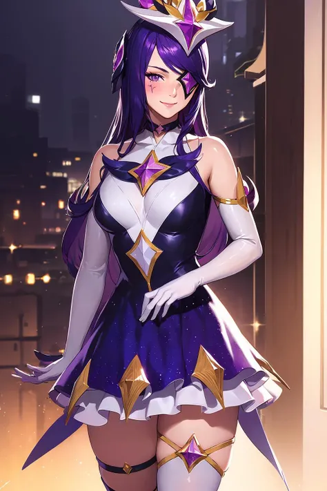 (solo, 1girl), (absurdres, ,highres, official wallpaper, poster), (masterpiece, best quality:1.2), (illustration, realistic), (perfect details, highest detailed, extreme detailed), dramatic light, <lora:starguardiansyndra:1>, starguardiansyndra,(white thighhighs, elbow gloves, hair ornament, dress, star \(symbol\), choker, star guardian \(league of legends\), purple hair, long hair, eyepatch, orb), (smile, blush, standing, street, sunlight)