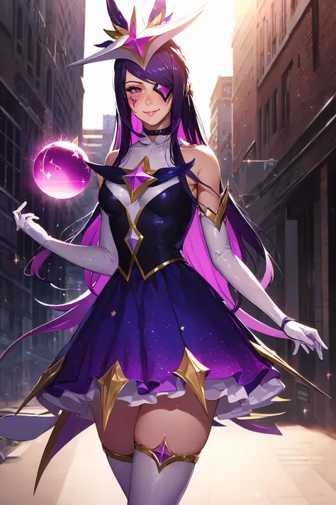 (solo, 1girl), (absurdres, ,highres, official wallpaper, poster), (masterpiece, best quality:1.2), (illustration, realistic), (perfect details, highest detailed, extreme detailed), dramatic light,  <lora:starguardiansyndra:1>, starguardiansyndra,(white thighhighs, elbow gloves, hair ornament, dress, star \(symbol\), choker, star guardian \(league of legends\), purple hair, long hair, eyepatch, orb), (smile, blush, standing, street, sunlight)