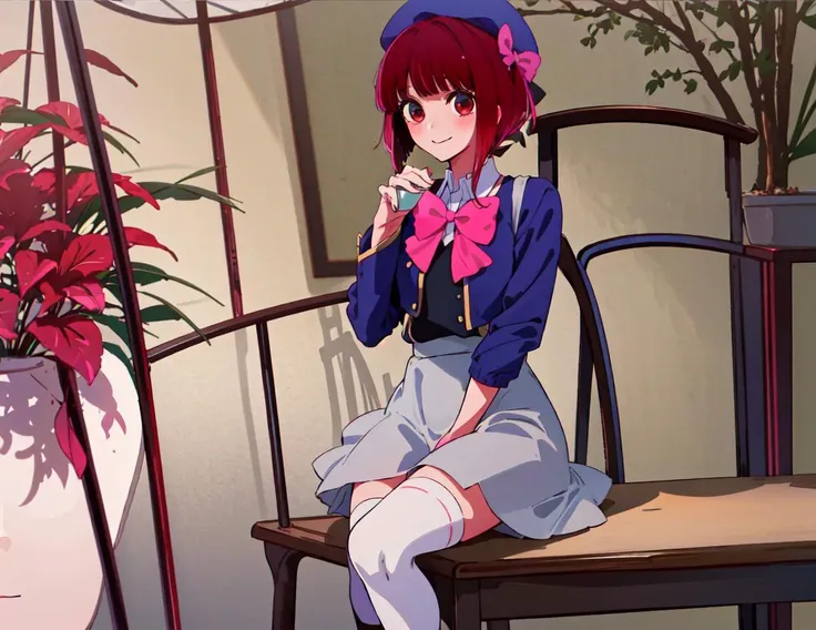 unparalleled masterpiece,intricate detail, kana arima, 1girl, looks at the viewer, smile, holding coffee, cafe, sits by the table, sit, chair (masterpiece:1.4),(best quality:1.4) Arima Kana, hat, blue headwear, beret, blunt bangs, shirt, long_sleeves, school_uniform, bowtie, pink bow, gray skirt, thighhighs, white legwear, loafers, brown footwear <lora:Arima Kana:1>
