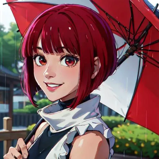 Masterpiece, best quality,highres,Arima Kana, blunt bangs, sleeveless turtleneck,smiling at viewer:1.2, holding umbrella,detailed face, detailed eyes,outdoor,rain <lora:Arima Kana:0.7>