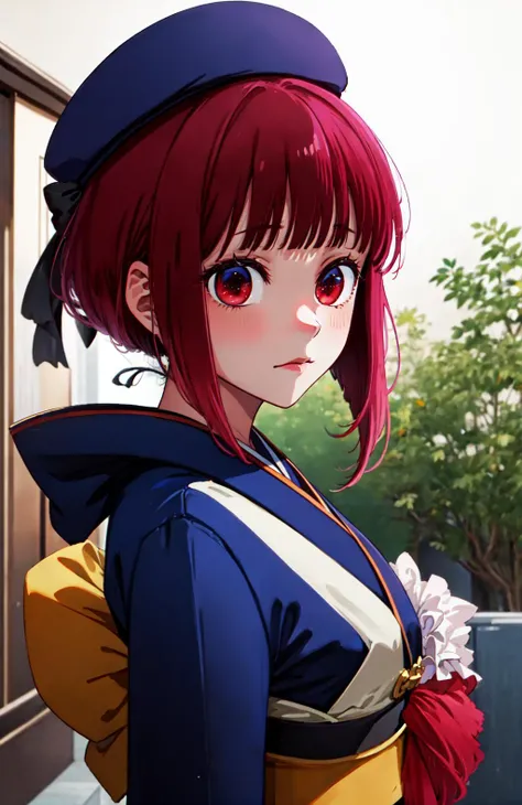 1girl, Arima Kana, <lora:Arima Kana_V1-000003:0.8>, hat, blue headwear, beret, blunt bangs, (kimono:1.3),, (masterpiece:1.2), highres, best quality, 8k,
