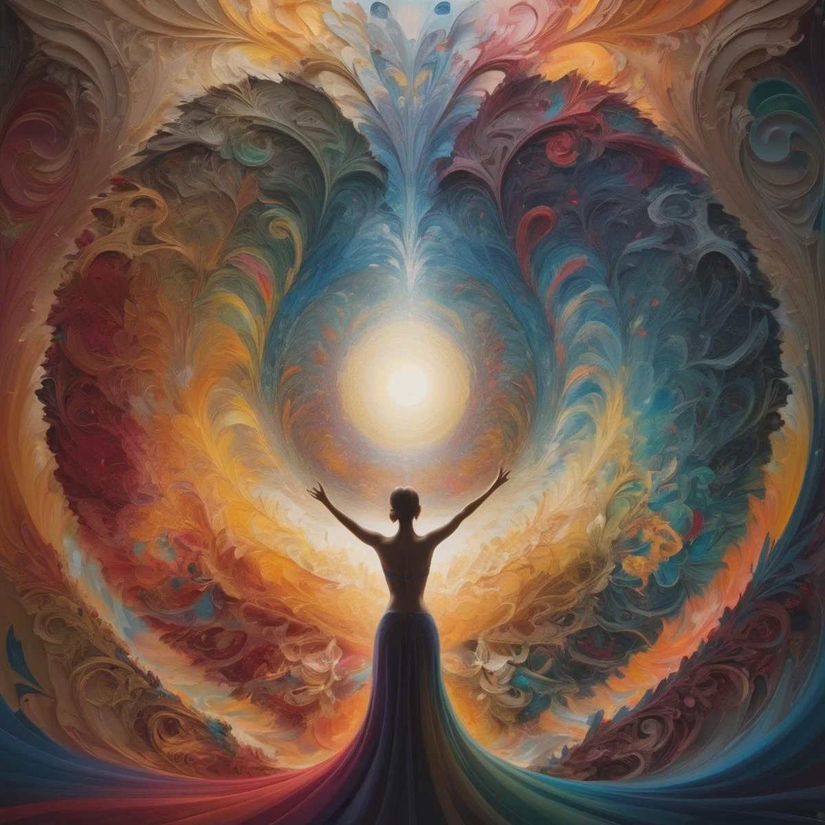 "Imagine an artistic dreamscape that defies conventional constraints, where the canvas itself becomes a living entity. Picture an intricate dance of colors and shapes, swirling together in a mesmerizing display of fluidity and form. Within this kaleidoscopic panorama, fragments of recognizable objects merge with abstract patterns, inviting the viewer to decipher hidden meanings and emotions. The interplay of light and shadow adds depth to the tableau, evoking a sense of mystery and intrigue. This visual masterpiece embodies the essence of limitless creativity, inviting each observer to unravel their own interpretations and stories within its vibrant tapestry."