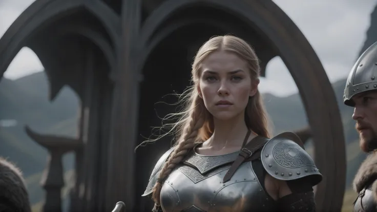 video of female, cinematic still, 8k, ray tracing , Viking shield maiden