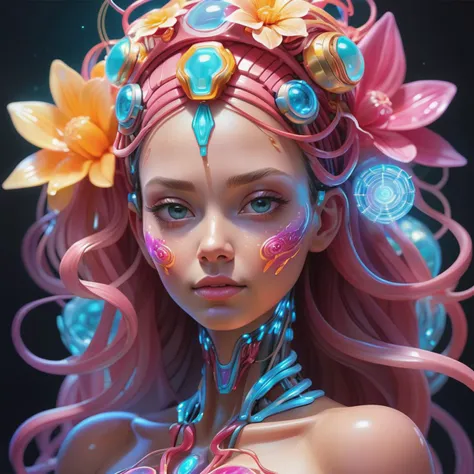 jelly girl in  jelly  land, (jelly body:1), colorful, cyborg, superb texture, hyper realistic, super rim light, insanely detailed, digital painting, speed painting, goddess of flower, goddess of Exquisite lines and patterns, goddess of chip circuit, glow, glittering, aura, translucent