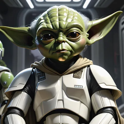 stormtrooper but yoda head, (yoda:1.35), metalic suit, sit meditate at the center of alien city, digital painting, hyper realistic, insanely detailed,