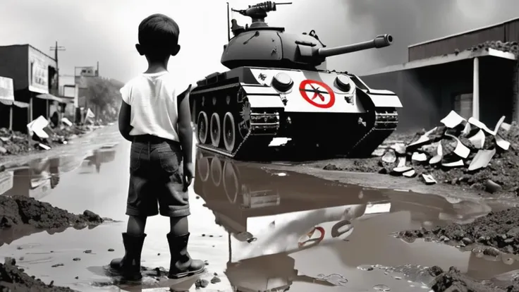 (A picture of a holding a sign that reads Stop the War:1.2),.children, anti wars, stop the wars, superb black and white, insanely detailed, hyper realistic, award winning photography, tank, gun, atomic bomb, damaged city, damaged peoples,wet,mud,puddles,junkyard