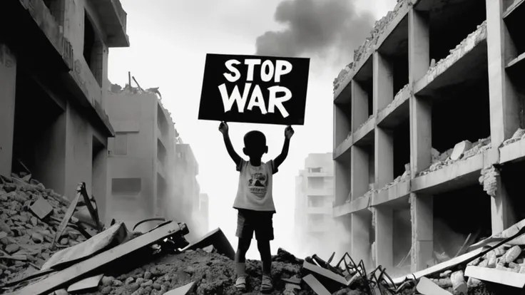 (A black and white photo of a holding a dirty sign that reads "Stop the War":1.9), (standing on a pile of rubble:1.8), anti war,tears, stop the war, (stunning documentary photography:1.8), real textures, insanely detailed, hyper realistic, award winning photography, (damaged tank:1.3), atomic bomb, damaged city,wet,mud,puddles,(car junkyard1.4), ultra hd, (war fire and smoke:1.5), epic cloud, documentary lighting, (massive destroyed buildings:1.5), masterpiece composition, (Dull and gloomy tones:1.4), bomb explosion,
