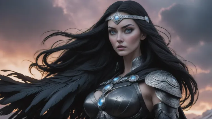 video of Norse female, pale skin, black_hair, messenger of Odin circular detailed reflective eyes, IMAX cinematic still, 8k, ray tracing , Viking maiden, cloaked in black feathers Valkyrie, sunset, fog of war, Norse mythology floating in space, a vibrant, dribble, quantum wavetracing, black background, behance hd