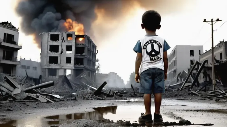 (A picture of a holding a dirty sign that reads "Stop the War":1.2),.children, anti war,tears, stop the war, (stunning black and white photography:1.8), real textures, insanely detailed, hyper realistic, award winning photography, (damaged tank:1.2), atomic bomb, damaged city, damaged peoples,wet,mud,puddles,(car junkyard1.2), ultra hd, (war fire and smoke:1.5), epic cloud, documentary lighting, (massive destroyed buildings:1.5), masterpiece composition,