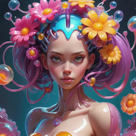 jelly girl in jelly land, (jelly body:1), colorful, cyborg, superb texture, hyper realistic, super rim light, insanely detailed, digital painting, speed painting, goddess of flower