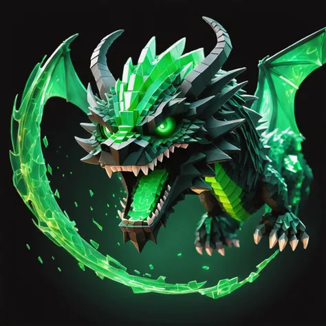 hologram of Minecraft dragon evil style, vibrant, radiating green floating in space, a vibrant illustration, dribble, quantum wavetracing, black background, behance hd, intense and evil, reflective eyes, intricate detail, cinematic