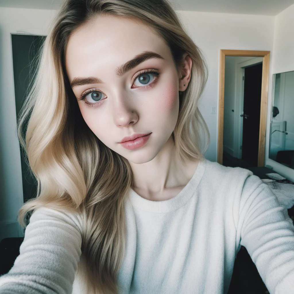 iphone selfie of A pretty (nubile) blonde female, hair bun, selfie , (unclothed), posing, (yoga pants), dressing room, full body, pretty circular reflective eyes, eyeliner, mascara, egirl, breasts, foundation, detailed skin texture, (blush:0.5), (goosebumps:0.5) Jenna, RAW candid cinema, 16mm, color graded portra 400 film, remarkable color, ultra realistic, textured skin, remarkable detailed pupils, realistic dull skin noise, visible skin detail, skin fuzz, dry skin, shot with cinematic camera
