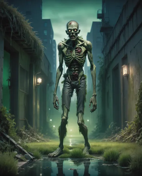 a cinematic surrealistic stylized painting of zombie in abandoned overgrown city LED lights, the ground is a mosaic of grass and water, dreamy, taken on a hasselblad medium format camera, cinemascope, vignette, (subject in center, symmetrical:1.4), dramatic lighting, night time, volumetric lighting, (hazy atmosphere:1.5), green cool light, cold, outside <lora:add-detail-xl:0.3>