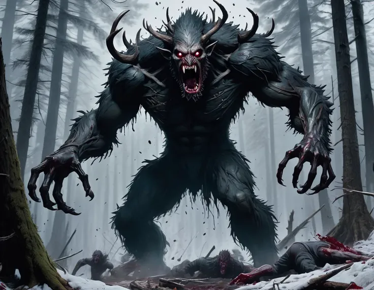 Horror masterpiece, best quality, (action shot, movement blur), combat, greg rutkowski, (focus on terrifying large wendigo roaring, large size difference), fantasy, people fighting it, dark winter night, forest deep dark woods, massive ancient trees, battle, scenery, mountain, outdoors, multiple people, injured people on the ground, (blood splatter flying through the air), trail of carnage, (indirect) moonlight, very detailed, high resolution, sharp, sharp image, 4k, 8k,