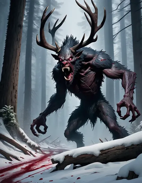 Horror masterpiece, best quality, (action shot, movement blur), combat, greg rutkowski, (focus on terrifying large wendigo roaring, large size difference), fantasy, people fighting it, dark winter night, forest deep dark woods, massive ancient trees, battle, scenery, mountain, outdoors, multiple people, injured people on the ground, (blood splatter flying through the air), trail of carnage, (indirect) moonlight, very detailed, high resolution, sharp, sharp image, 4k, 8k,